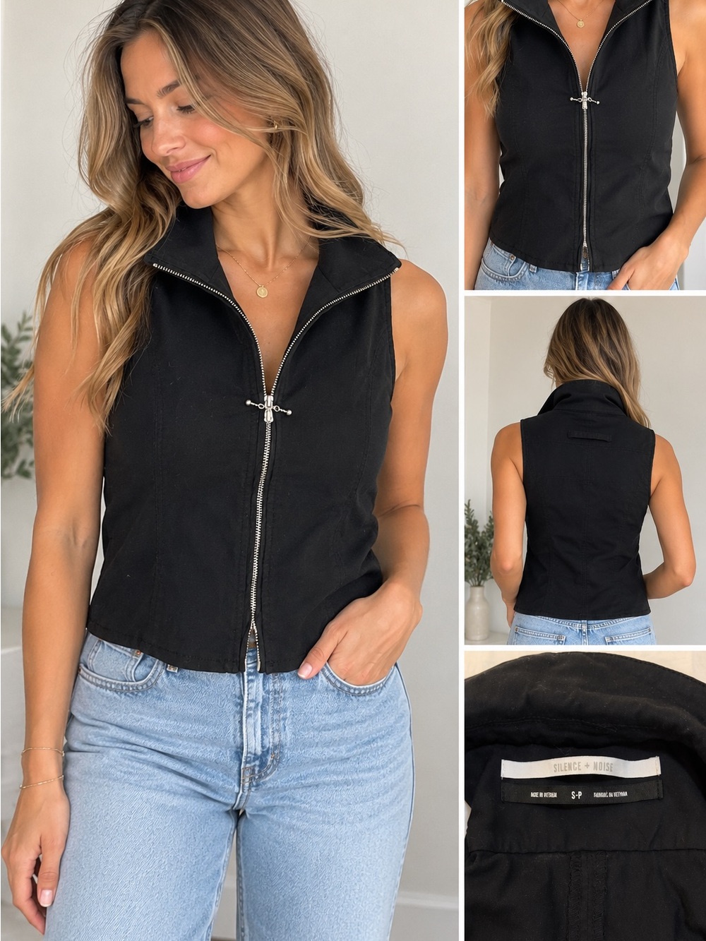 silence + noise Black Sleeveless Zip-Front Tank with High Collar
